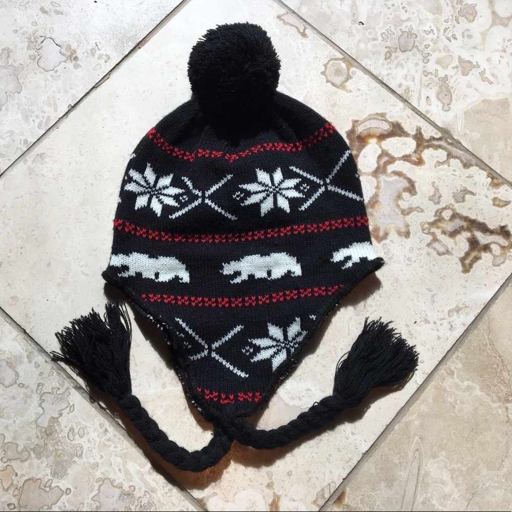 CROWN CAP BEAR PRINT EAR FLAP POM WINTER HAT BEANIE